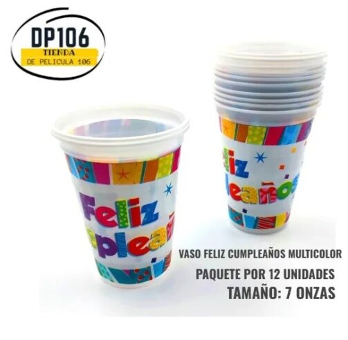 Vaso Desechable Feliz Cumpleaños Multicolor X 12 Und